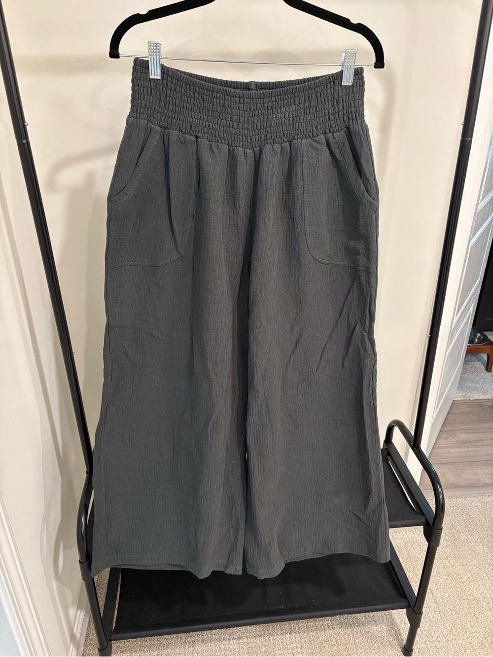 Nomad Charcoal Gray Smocked-Waist Wide Leg Pant